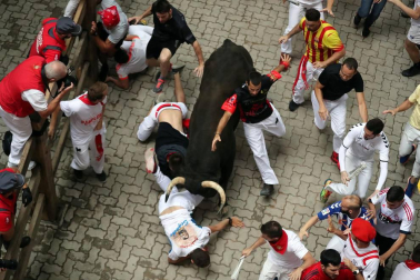 Imágenes del séptimo encierro de los Sanfermines de 2018, con toros de la ganadería Jandilla.