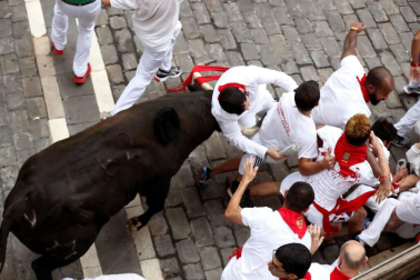 Imágenes del séptimo encierro de los Sanfermines de 2018, con toros de la ganadería Jandilla.