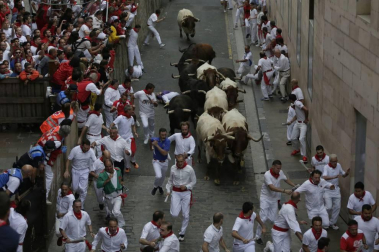 Imágenes del séptimo encierro de los Sanfermines de 2018, con toros de la ganadería Jandilla.