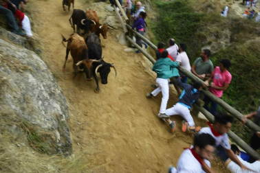 La ganadería Hípica Zahorí ha protagonizado un emocionante tercer encierro del Pilón en las fiestas de Falces, 2018, este martes 14 de agosto.