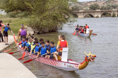 Tudela se sumó este martes, 7 d emayo, a la moda del Dragon Boat, un deporte que se practica con canoas decoradas con cabezas de dragón.