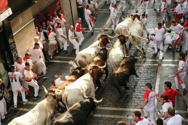 Imágenes del segundo encierro de los sanfermines 2019 protagonizado por toros de Cebada Gago.