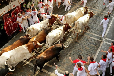Imágenes del segundo encierro de los sanfermines 2019 protagonizado por toros de Cebada Gago.