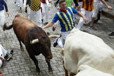 Imágenes del segundo encierro de los sanfermines 2019 protagonizado por toros de Cebada Gago.