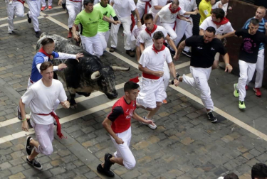 Imágenes del segundo encierro de los sanfermines 2019 protagonizado por toros de Cebada Gago.