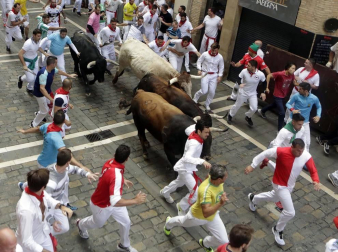 Imágenes del segundo encierro de los sanfermines 2019 protagonizado por toros de Cebada Gago.