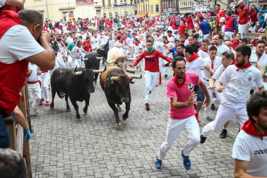 Imágenes del segundo encierro de los sanfermines 2019 protagonizado por toros de Cebada Gago.
