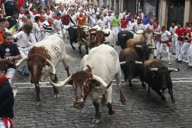 Imágenes del segundo encierro de los sanfermines 2019 protagonizado por toros de Cebada Gago.
