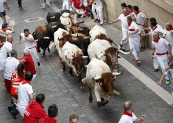 Imágenes del segundo encierro de los sanfermines 2019 protagonizado por toros de Cebada Gago.