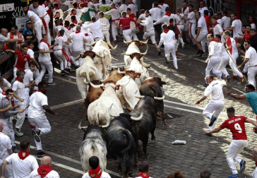 Imágenes del segundo encierro de los sanfermines 2019 protagonizado por toros de Cebada Gago.