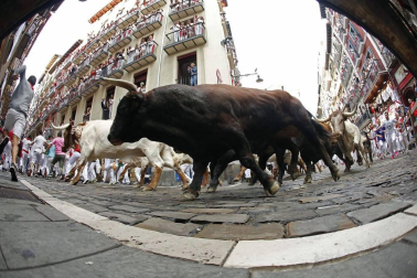 Imágenes del segundo encierro de los sanfermines 2019 protagonizado por toros de Cebada Gago.
