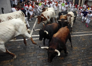Imágenes del segundo encierro de los sanfermines 2019 protagonizado por toros de Cebada Gago.