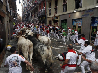 Imágenes del segundo encierro de los sanfermines 2019 protagonizado por toros de Cebada Gago.