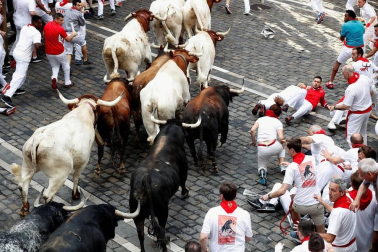 Imágenes del segundo encierro de los sanfermines 2019 protagonizado por toros de Cebada Gago.