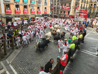 Imágenes del segundo encierro de los sanfermines 2019 protagonizado por toros de Cebada Gago.