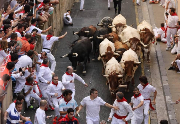 Imágenes del segundo encierro de los sanfermines 2019 protagonizado por toros de Cebada Gago.