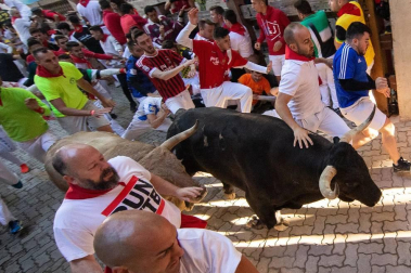 Imágenes del sexto encierro de los sanfermines 2019 protagonizado por toros de Núñez del Cuvillo.