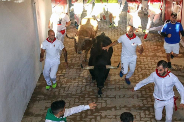Imágenes del sexto encierro de los sanfermines 2019 protagonizado por toros de Núñez del Cuvillo.