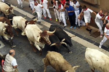 Imágenes del sexto encierro de los sanfermines 2019 protagonizado por toros de Núñez del Cuvillo.