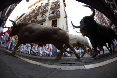 Imágenes del sexto encierro de los sanfermines 2019 protagonizado por toros de Núñez del Cuvillo.