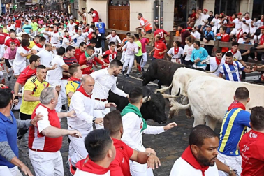 Imágenes del séptimo encierro de los Sanfermines 2019 protagonizado por toros de La Palmosilla.