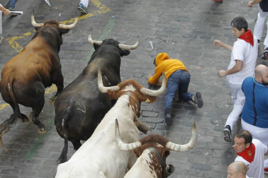Imágenes del séptimo encierro de los Sanfermines 2019 protagonizado por toros de La Palmosilla.