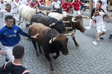 Imágenes del séptimo encierro de los Sanfermines 2019 protagonizado por toros de La Palmosilla.