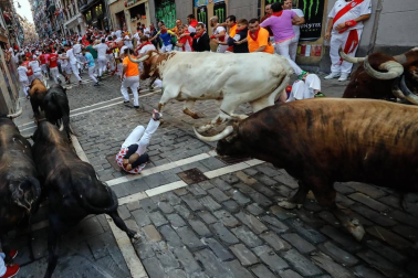 Imágenes del séptimo encierro de los Sanfermines 2019 protagonizado por toros de La Palmosilla.