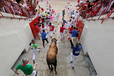 Imágenes del séptimo encierro de los Sanfermines 2019 protagonizado por toros de La Palmosilla.