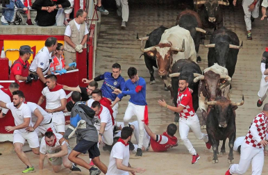 Imágenes del séptimo encierro de los Sanfermines 2019 protagonizado por toros de La Palmosilla.
