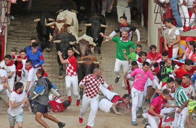 Imágenes del séptimo encierro de los Sanfermines 2019 protagonizado por toros de La Palmosilla.