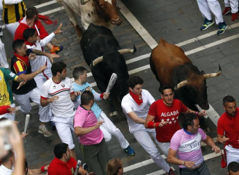 Imágenes del séptimo encierro de los Sanfermines 2019 protagonizado por toros de La Palmosilla.
