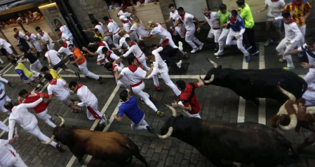 Imágenes del séptimo encierro de los Sanfermines 2019 protagonizado por toros de La Palmosilla.