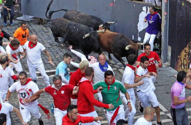 Imágenes del séptimo encierro de los Sanfermines 2019 protagonizado por toros de La Palmosilla.