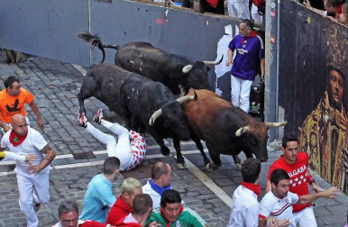 Imágenes del séptimo encierro de los Sanfermines 2019 protagonizado por toros de La Palmosilla.