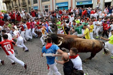 Imágenes del séptimo encierro de los Sanfermines 2019 protagonizado por toros de La Palmosilla.