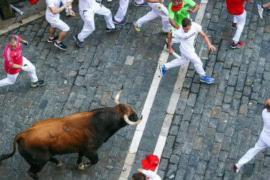 Imágenes del séptimo encierro de los Sanfermines 2019 protagonizado por toros de La Palmosilla.
