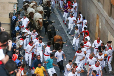 Imágenes del séptimo encierro de los Sanfermines 2019 protagonizado por toros de La Palmosilla.