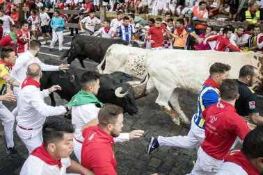 Imágenes del séptimo encierro de los Sanfermines 2019 protagonizado por toros de La Palmosilla.