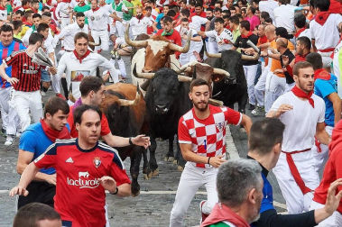 Imágenes del séptimo encierro de los Sanfermines 2019 protagonizado por toros de La Palmosilla.