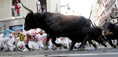 Imágenes del séptimo encierro de los Sanfermines 2019 protagonizado por toros de La Palmosilla.