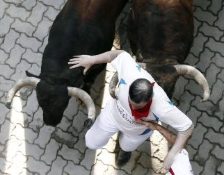 Imágenes del séptimo encierro de los Sanfermines 2019 protagonizado por toros de La Palmosilla.