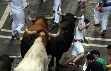 Imágenes del séptimo encierro de los Sanfermines 2019 protagonizado por toros de La Palmosilla.