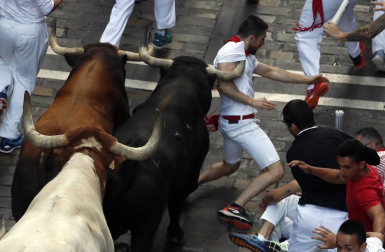 Imágenes del séptimo encierro de los Sanfermines 2019 protagonizado por toros de La Palmosilla.