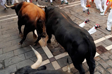 Imágenes del séptimo encierro de los Sanfermines 2019 protagonizado por toros de La Palmosilla.