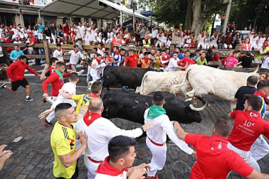 Imágenes del séptimo encierro de los Sanfermines 2019 protagonizado por toros de La Palmosilla.