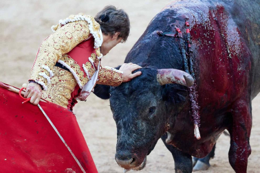 Imágenes de la corrida en la plaza de toros de Pamplona con reses de la ganadería de Miura para los diestros Rafaelillo, Octavio Chacón y Juan Leal.