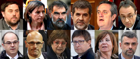 Oriol Junqueras; la expresidenta del Parlament, Carme Forcadell; el presidente de Òmnium Cultural, Jordi Cuixart; el expresidente de ANC, Jordi Sànchez; el exconsejero de Interior, Joaquim Forn; el exconsejero de Territorio y Sostenibilidad, Josep Rull; el exconsejero de Presidencia, Jordi Turull; el exconsejero de Asuntos Exteriores, Raül Romeva; la exconsejero de Trabajo, Dolor Bassa; el exconsejero de Justicia, Carles Mundó; la exconsejera de Gobernación, Meritxell Borrás; y el exconsejero de Empresa y Conocimiento, Santiago Vila.