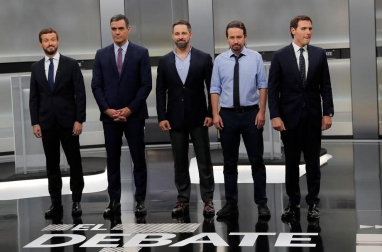 Pedro Sánchez (PSOE), Pablo Casado (PP), Pablo Iglesias (Unidas Podemos), Alberti Rivera (Ciudadanos) y Santiago Abascal (VOX) protagonizaron el único debate entre los candidatos en la campaña electoral de las elecciones generales que se celebran el 10 de noviembre de 2019.