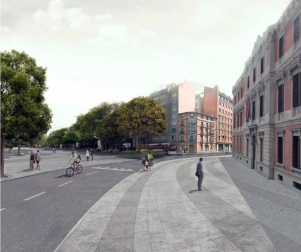 Fotos de las tres propuestas seleccionadas para peatonalizar el paseo Sarasate, en Pamplona.